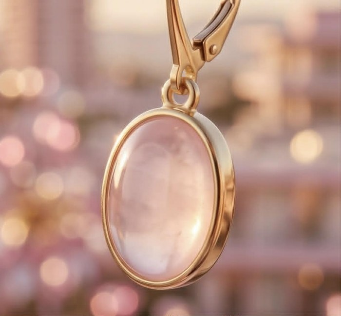 Authentic 10.2 carat Rose Quartz 18K Gold over .925 Silver handcrafted Statement earrings - Close-up of 10.2 carat rose quartz pendant in 18K gold over silver.