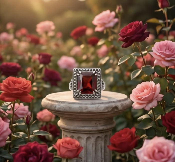 Carmen 10.4 carat Garnet .925 Sterling Silver dipped in rhodium brilliantly handcrafted Statement Ring size 8 - Close-up of Carmen garnet ring on pedestal amidst blooming roses.
