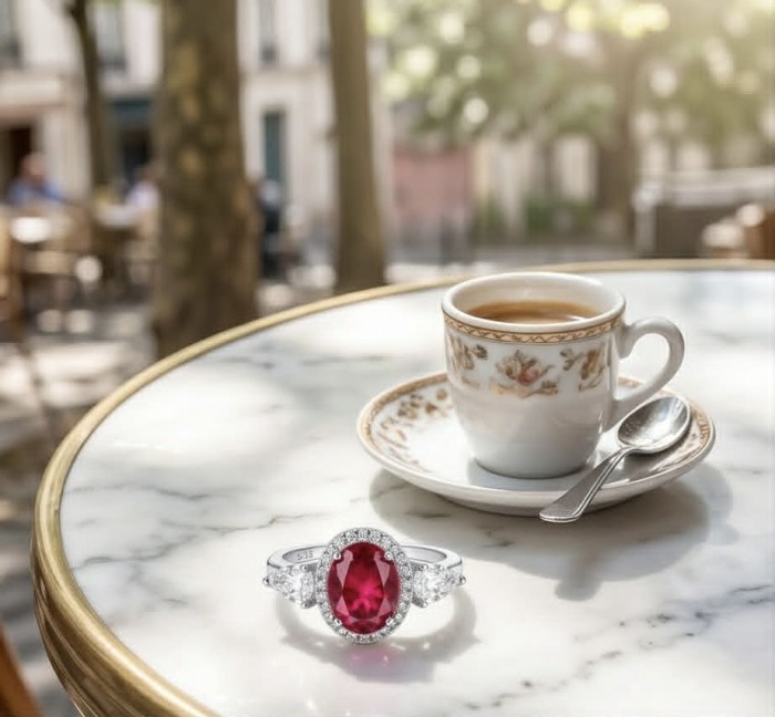 Tiffany 2.5 carat Ruby .925 Sterling Silver handcrafted incredible ring s. 8 - Ruby ring on marble table with coffee cup, side view close-up.