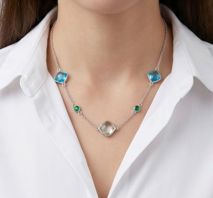 Infinity 18.5 carat Authentic Multigems Rhodium over .925 Sterling Silver handcrafted Statement necklace - Necklace with multigems worn on neck, close-up view