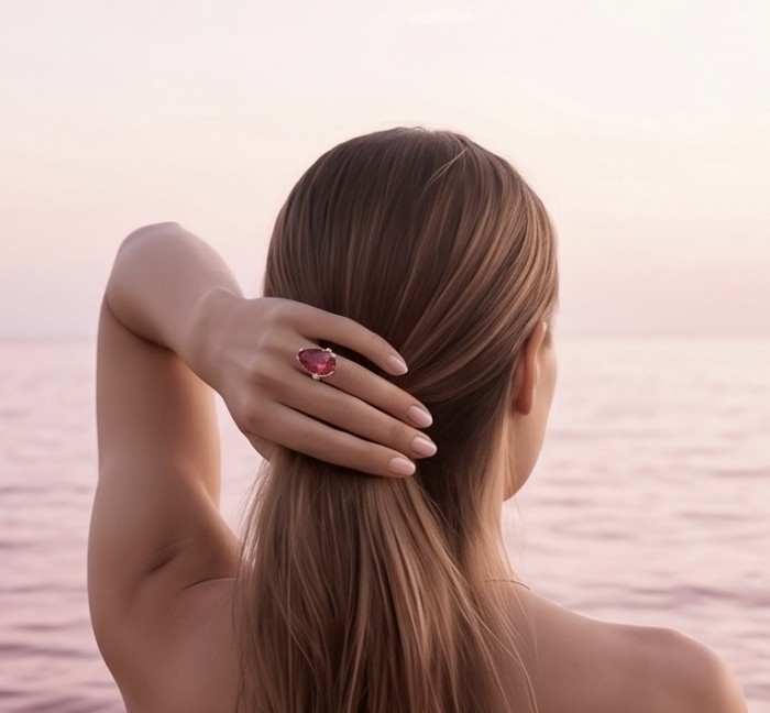 Carmen Natural 25.4 carat Ruby .925 Sterling Silver dipped in 22K Gold handmade Large Statement Ring size 6 - Woman wearing Carmen Ruby ring, hand in hair, ocean background.