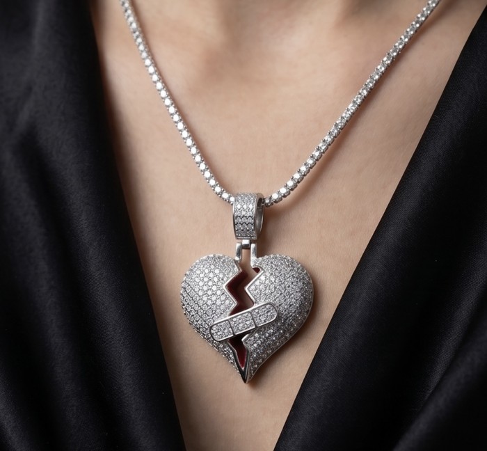 Healing Heart Luxurious 8.4 carat White Topaz .925 Sterling Silver handcrafted pendant - Neck view of Healing Heart pendant with sparkling topaz and sterling silver.