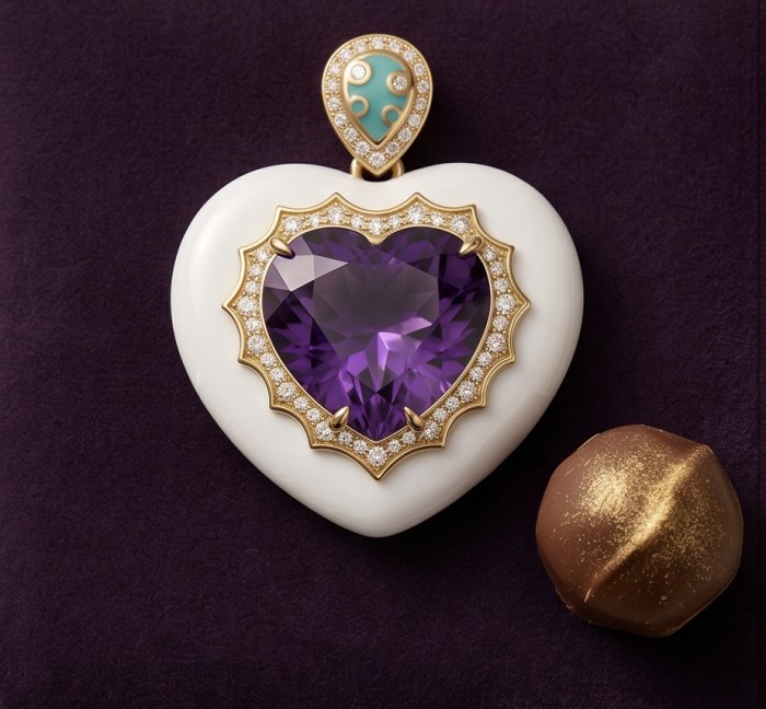 Lavender Love 14.5 carat natural Amethyst Enamel 22K Gold over .925 Sterling Silver Handcrafted Pendant - Heart-shaped amethyst pendant front view on purple background.