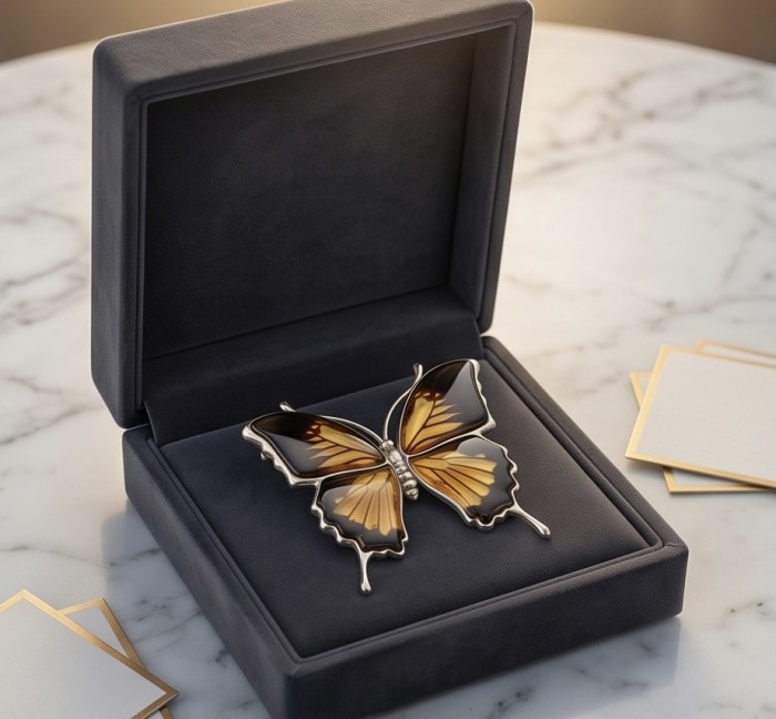 Large Golden Butterfly carved Baltic Polish Amber .925 Sterling Silver handcrafted Pendant - Golden butterfly amber brooch in display box, top view.