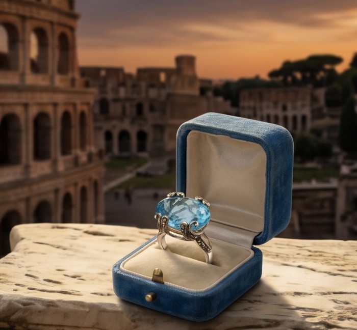 Mesmerizing 22.8 carat Aquamarine rhodium over .925 Sterling Silver handcrafted Large ring size 8 - Aquamarine ring in blue box with Colosseum backdrop, stone close-up.