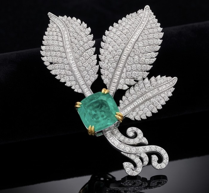 Wearable Art - Black Label Collection - Retro Style - Genuine assher cut 6.5 carat Colombian Emerald 2 tones .925 Sterling Silver handmade Brooch - Emerald brooch with diamond leaves, front view. Black background.