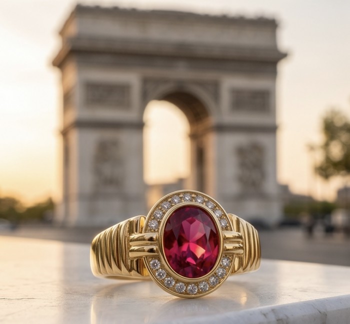 Leonor - Incredible 3.8 carat Mozambique Garnet .925 Sterling Silver dipped in 18K Gold brilliantly handcrafted Statement Ring size 7 - Close-up of garnet ring with arch monument in the background.