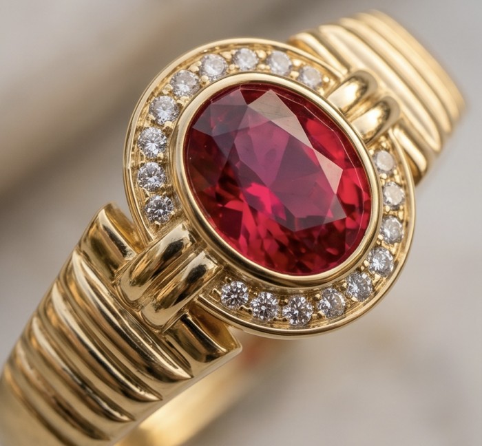 Leonor - Incredible 3.8 carat Mozambique Garnet .925 Sterling Silver dipped in 18K Gold brilliantly handcrafted Statement Ring size 7 - Close-up of gold ring with red garnet and diamond accents.