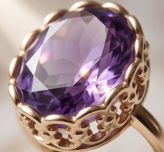 Lavender Love 15.5 carat natural Amethyst 18K Gold over .925 Sterling Silver Handcrafted Ring size 8 - Close-up of Lavender Love amethyst stone in gold setting.