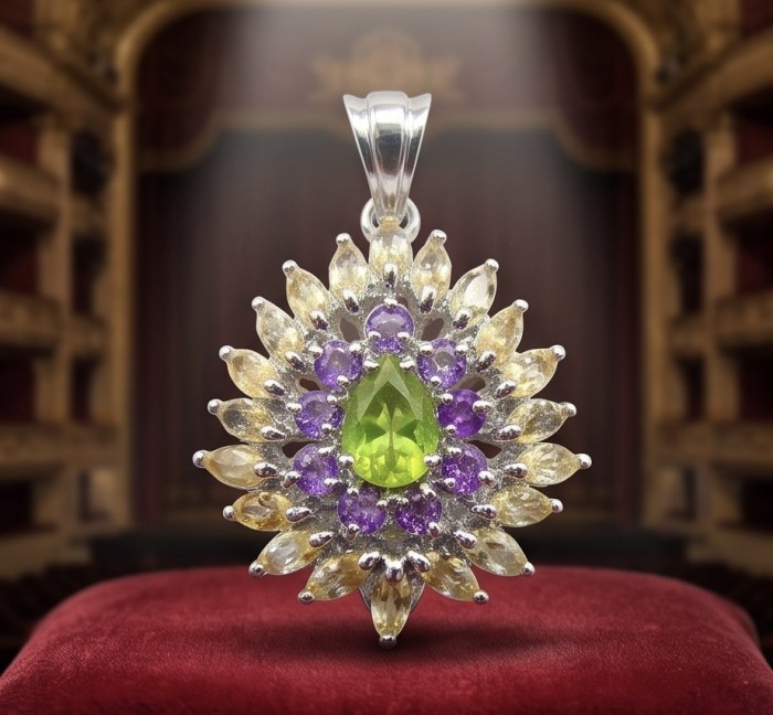 Isabel Authentic 11.2 carat Peridot from Arizona .925 Sterling Silver handmade pendant - Elegant pendant with green peridot and gemstones on red fabric background.