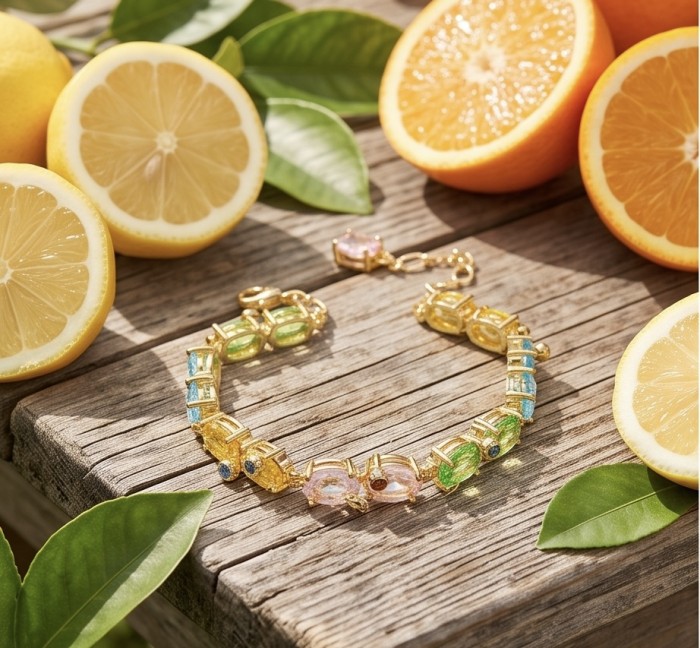 Tutti Frutti 32.5 CARAT MULTIGEM 18K Gold over .925 Sterling Silver brilliantly handcrafted Bracelet - Tutti Frutti bracelet with citrus fruits on wooden surface, top view.
