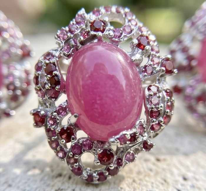 Francesca- Magnificent 10.8 carat authentic Ruby rhodium over .925 Sterling Silver handcrafted Statement earrings - Stone close-up of Francesca 10.8 carat ruby with intricate setting