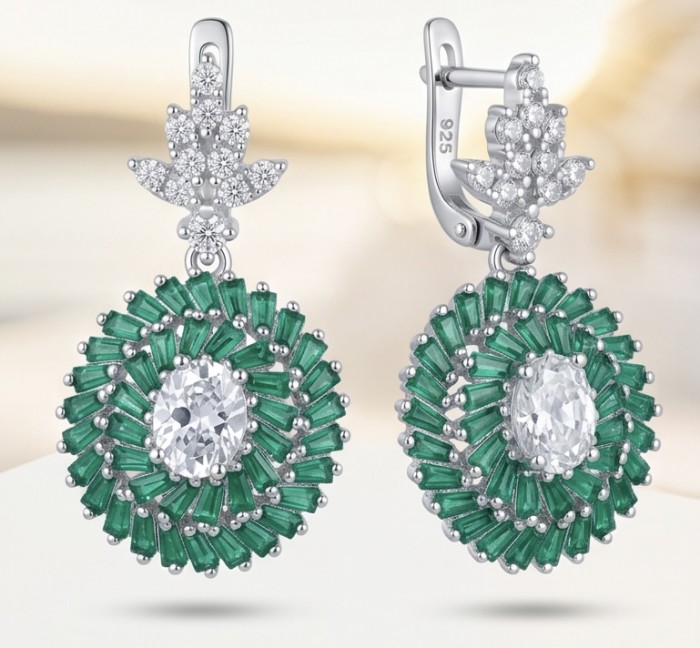 Estelle - Authentic 4.9 carat COLOMBIAN EMERALD rhodium over .925 Sterling Silver handcrafted earrings - Elegant earrings with Colombian emeralds and rhodium details, front view.