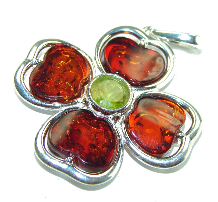 Lucky Four-leaf clover Baltic Polish Amber Peridot .925 Sterling Silver handcrafted Pendant - photo 2