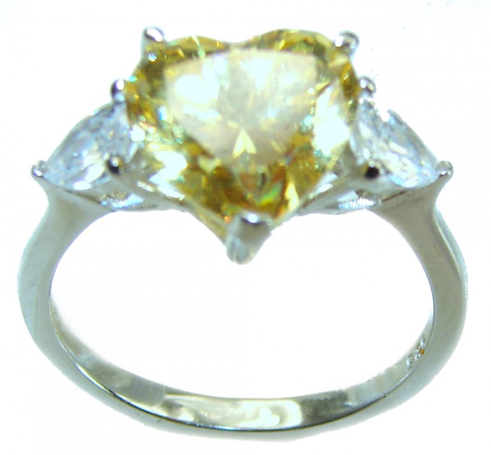 Endless Love 4.5 carat Heart cut Yellow Sapphire .925 Sterling Silver handcrafted ring; s. 8 - Heart-cut yellow sapphire ring, front view, silver band, 4.5 carat.
