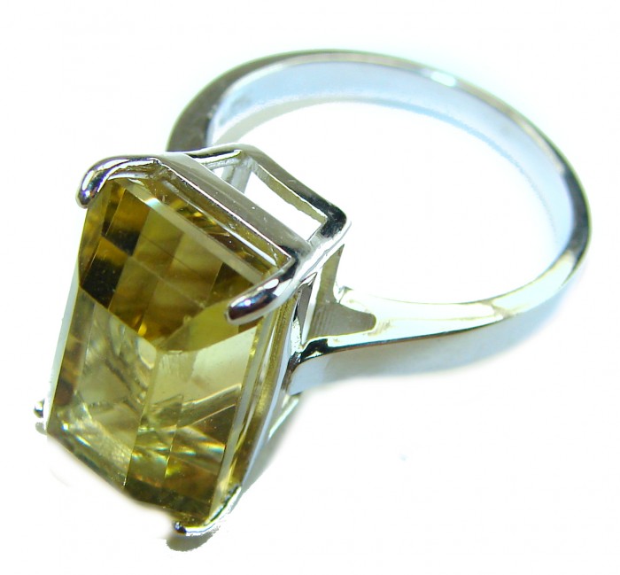 Solid 11.8 carat Genuine Lemon Quartz .925 Sterling Silver handcrafted ring size 8 - Side view of lemon quartz ring in sterling silver.