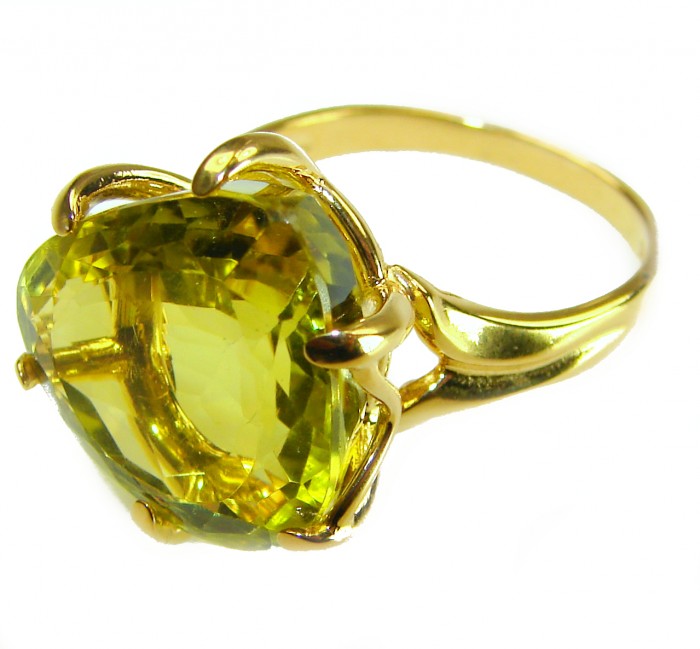 10.8 carat Genuine Lemon Quartz 14K Gold over .925 Sterling Silver handcrafted ring size 9 - Side view of 10.8 carat lemon quartz ring in 14K gold over sterling silver