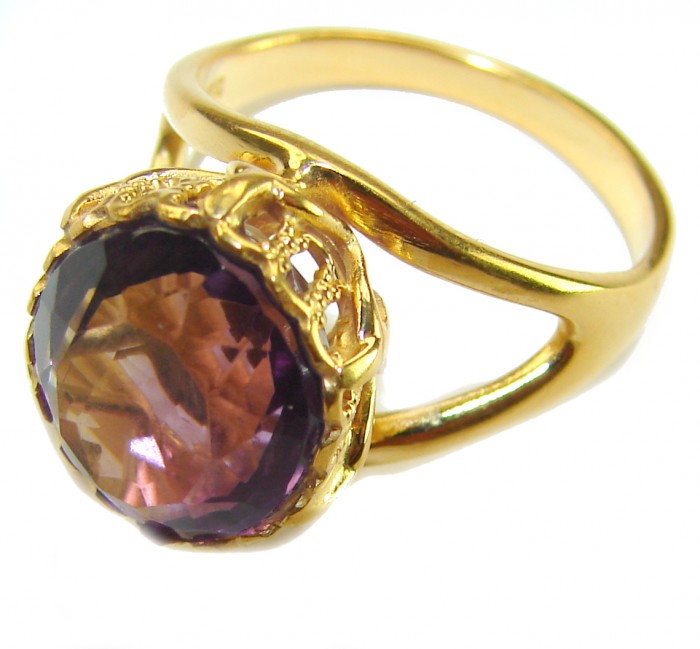 4.2 carat Amethyst 14K Gold over .925 Sterling Silver Handcrafted Ring size 6 - Close-up of 4.2 carat amethyst ring in 14K gold over sterling silver.