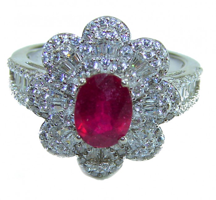 Luxurious 2.9 Ruby .925 Sterling Silver brilliantly handcrafted ring s. 8 1/4 - Ruby ring close-up with floral diamond setting and detailed band