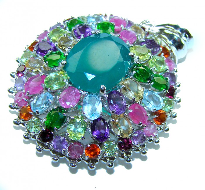 Power of Life Very Unique 11.5 CARAT Green Jade Multigem .925 Sterling Silver handcrafted pendant - Close-up of colorful multigem arrangement with central green jade.