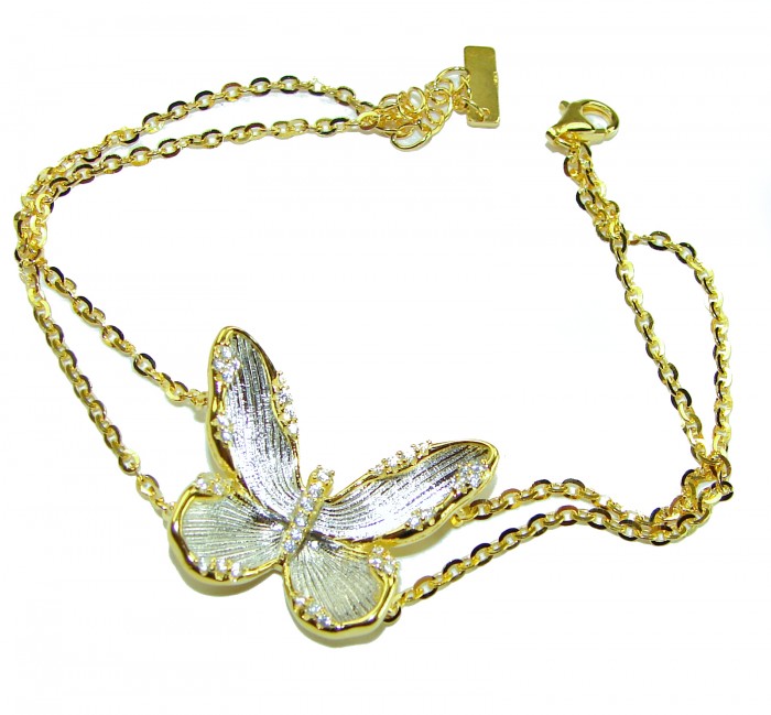 Golden Butterfly White Topaz highly polished 18K Gold over .925 Sterling Silver Italy made bracelet - Close-up of butterfly bracelet in gold with white topaz accents