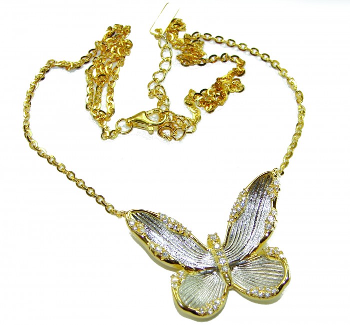 Golden Butterfly White Topaz highly polished 18K Gold over .925 Sterling Silver Italy made necklace - Golden butterfly necklace with clasp detail, 18K gold over, top view.