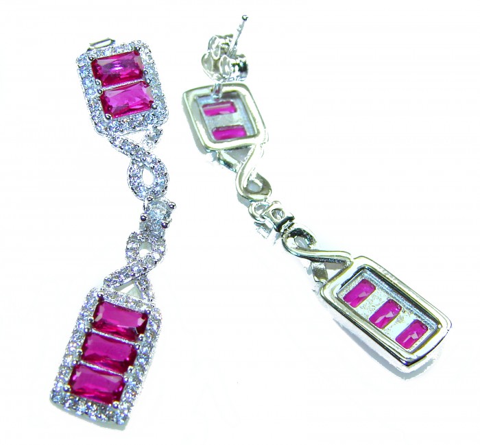 Art Deco - Giovanna - Magnificent Jewel 6.5 carat Ruby .925 Sterling Silver handcrafted incredible earrings - Art Deco earrings with rubies and diamonds, close-up view.