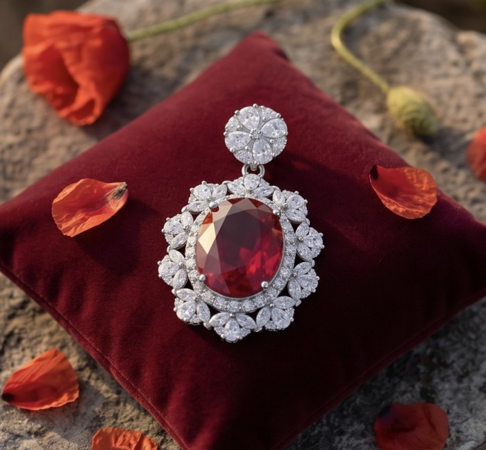 Incredible oval cut 18.8 carat Mozambique Ruby .925 Sterling Silver handcrafted pendant - Close-up of 18.8 carat Mozambique ruby pendant on velvet cushion.
