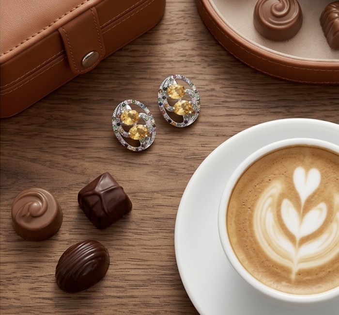 Vivien Luxurious Style - Natural 9.7 carat Citrine .925 Sterling Silver dipped in rhodium handmade earrings - Top view of earrings with citrine stones, surrounded by chocolates and coffee.