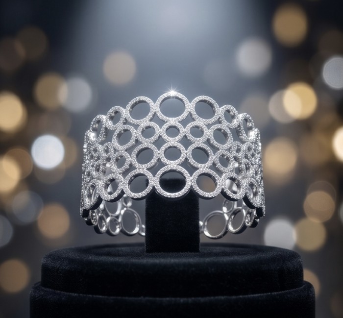 Dolce Vita - Precious Natural 12.5 carat pave White Topaz rhodium over .925 Sterling Silver handcrafted bracelet - Front view of Dolce Vita 12.5ct pave White Topaz bracelet display