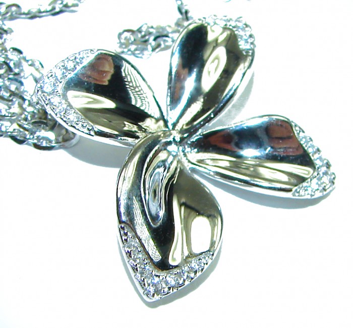 Lotus flower White Topaz highly polished Rhodium over .925 Sterling Silver Italy made necklace - photo 2