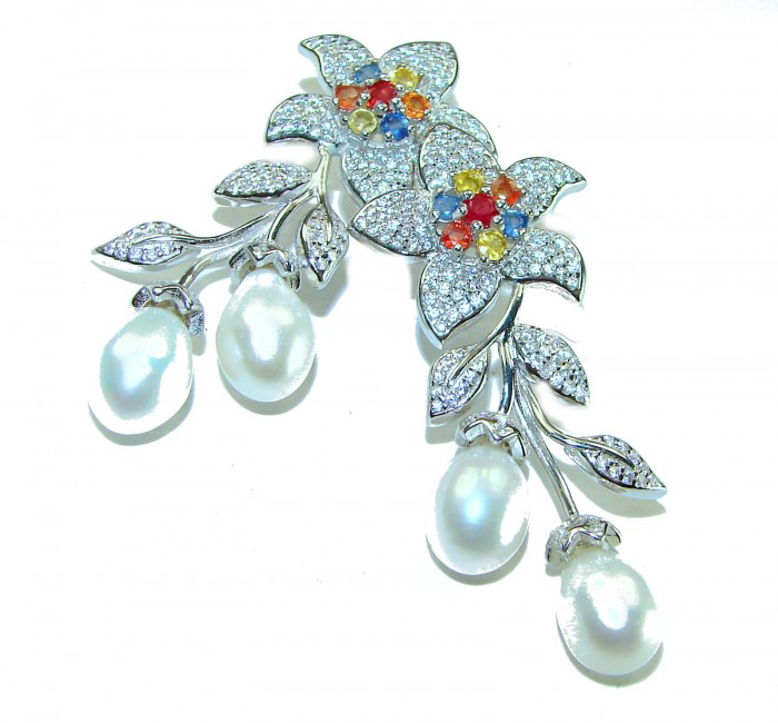 Precious white freshwater Pearl multicolor Sapphire .925 Sterling Silver handcrafted earrings - photo 3
