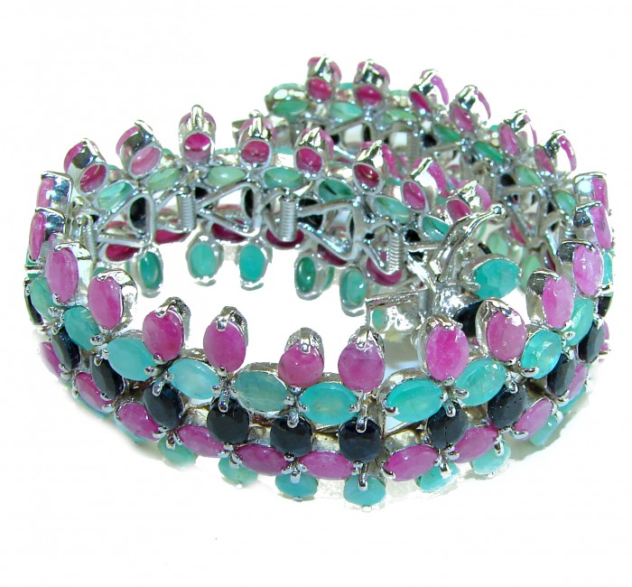 Carmen - Precious Natural 148.5 carat Ruby Emerald Sapphire .925 Sterling Silver handcrafted bracelet - photo 2