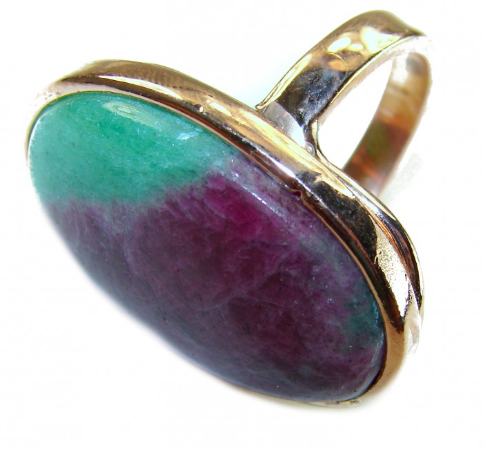 Authentic Ruby in Zoisite 18k Rose Gold over .925 Sterling Silver handmade Cocktail Ring s. 8 - Ruby in Zoisite ring in 18k Rose Gold, close-up, side view.