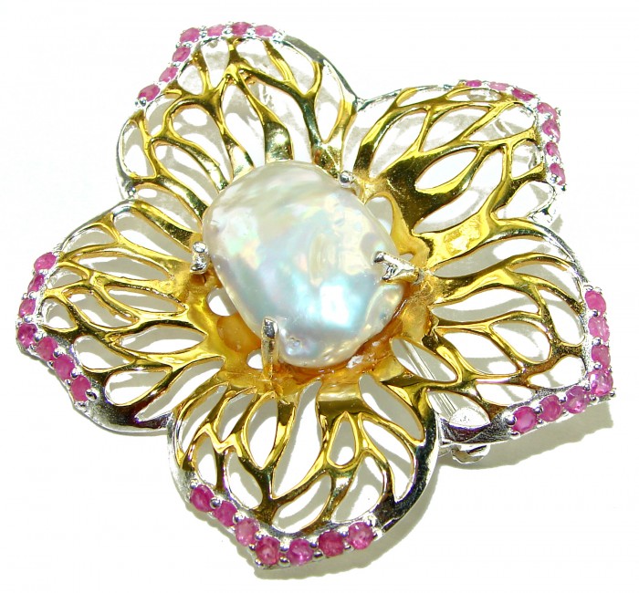 Large Genuine Mother of Pearl Ruby 14K Gold .925 Sterling Silver handmade Pendant Brooch - Gold and ruby flower brooch with mother of pearl, top view.