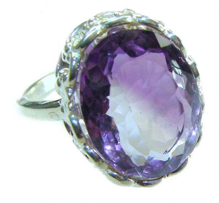 Purple Amethyst .925 Sterling Silver Handcrafted Large Ring size 7 1/4 - Purple amethyst ring close-up, .925 sterling silver setting.