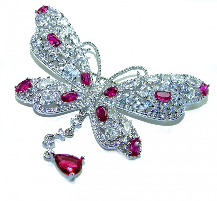 Vintage Design - Red Butterfly - Genuine 10.2 carat Ruby 14k White Gold over .925 Sterling Silver handmade Pendant Brooch - Top view of vintage-style butterfly brooch with rubies and diamonds.