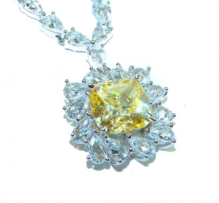 Golden - yellow Montana Sapphire .925 Sterling Silver handcrafted Statement Necklace - Close-up of golden-yellow sapphire pendant in silver setting.