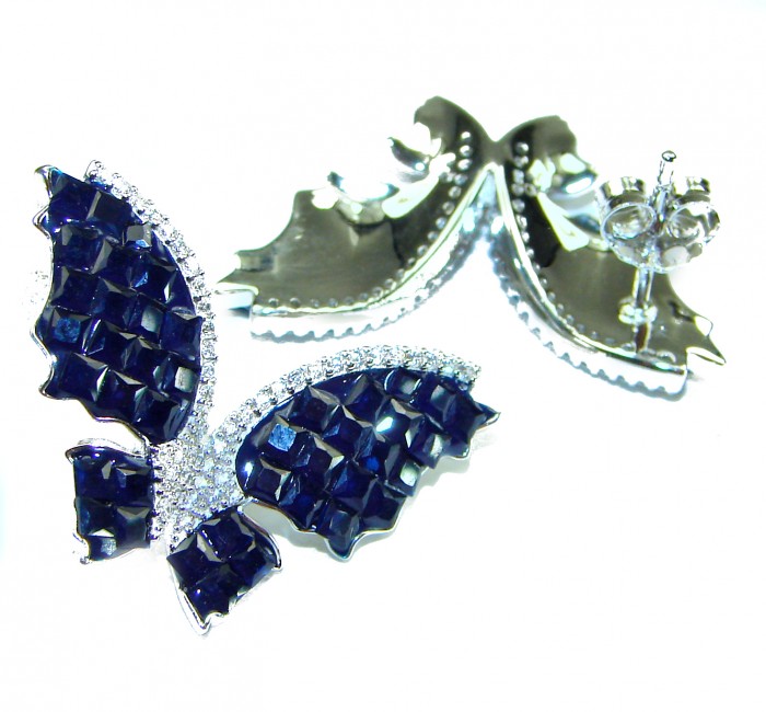 Magnificent Jewel Sapphire Butterflies .925 Sterling Silver handcrafted incredible earrings - Close-up of sapphire butterfly earrings in sterling silver.