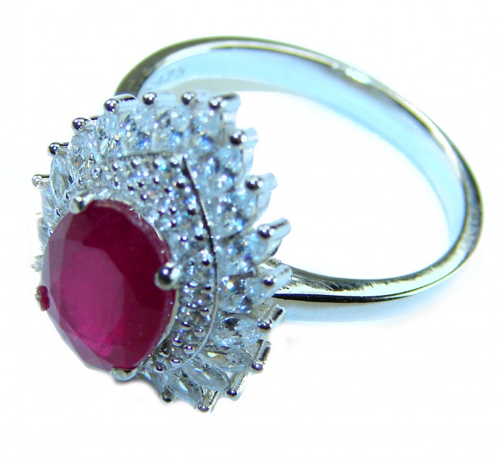 Natural 5.9 carat Ruby .925 Sterling Silver handmade Statement Ring size 7 1/4 - Ruby ring with diamonds, top view, sterling silver band.
