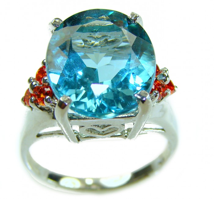 Water Drop 10.9 carat authentic Aquamarine .925 Sterling Silver Handcrafted Ring size 7 - Aquamarine ring close-up, featuring red accents and silver band detail.