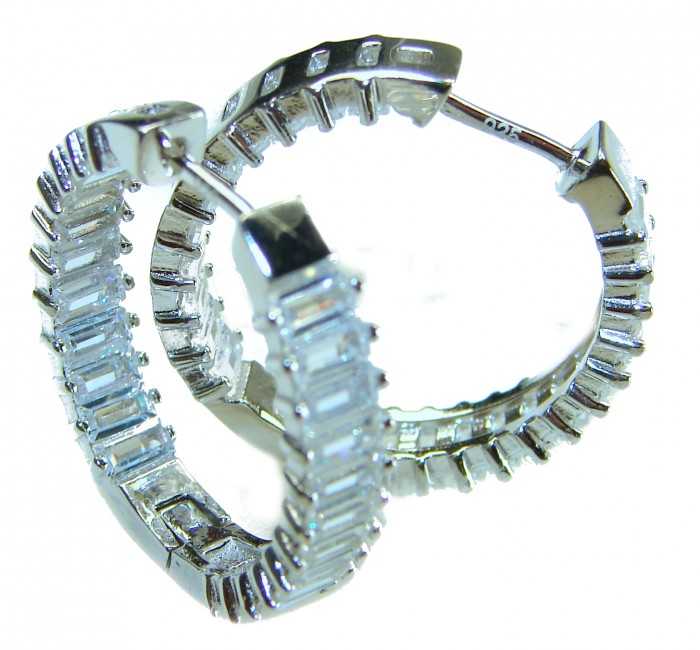 Allure Natural 8.2 carat White Topaz .925 Sterling Silver handcrafted hoop earrings - Hoop earrings side view, white topaz on .925 sterling silver.