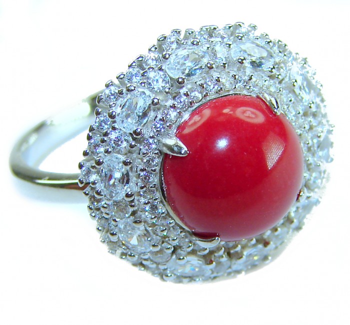 Elizabeth Natural Fossilized Coral .925 Sterling Silver handmade ring s. 9 - Red coral and diamond ring close-up, side view.