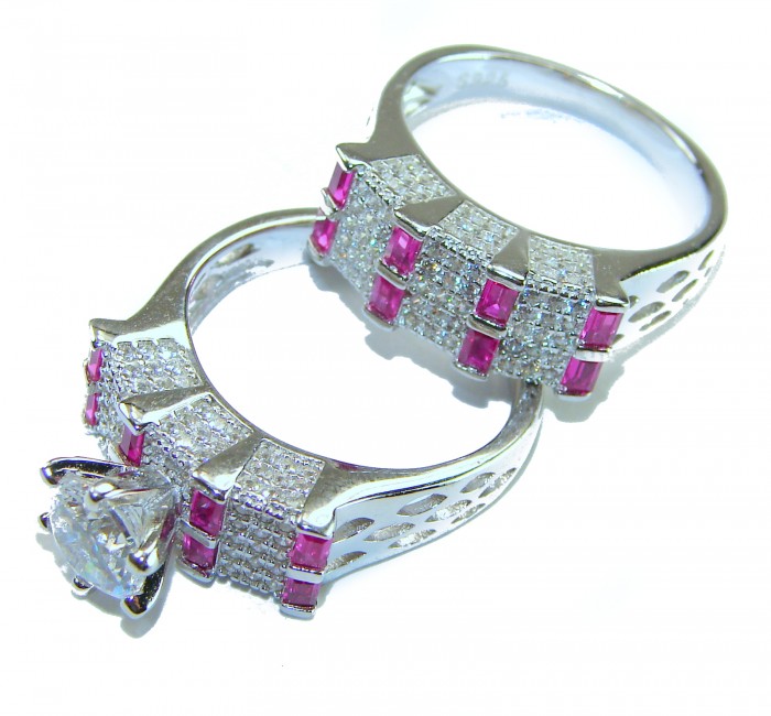 Exotic Beauty 5.5 carat Ruby .925 Sterling Silver Handcrafted Stackable Ring size 8 - Two rings with pink stones and diamond accents in close-up view.