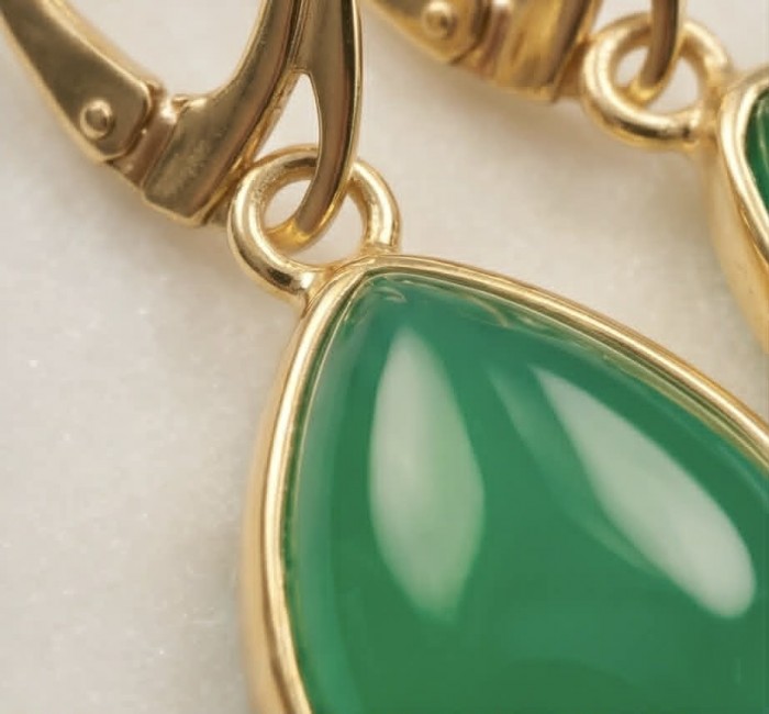 Unique genuine Jade 18K Gold over over .925 Sterling Silver handcrafted earrings - Close-up of jade earring with 18K gold over sterling silver setting.