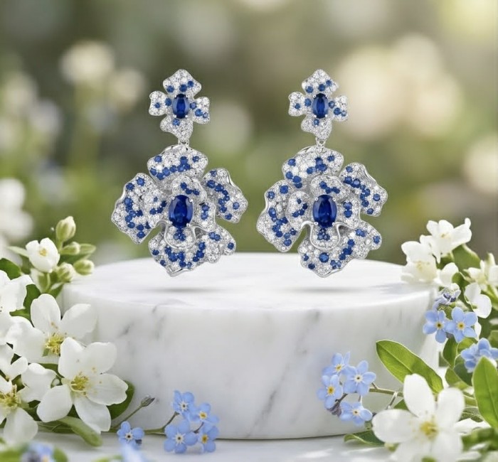 Oceania - 9.5 carat Sapphire .925 Sterling Silver dipped in Rhodium handmade Statement earrings - Floral sapphire earrings on marble, front view with floral accents