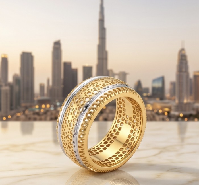 Precious Natural two tones .925 Sterling Silver dipped in 18K Gold ring size 6 - Gold and silver patterned ring with city skyline in background.