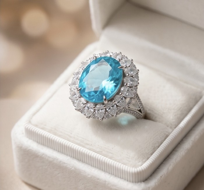 Gabriella 14.2 carat authentic Paraiba Tourmaline rhodium over .925 Sterling Silver handcrafted Statement Ring size 9 1/4 - Close-up of Gabriella 14.2 carat Paraiba Tourmaline ring in box.