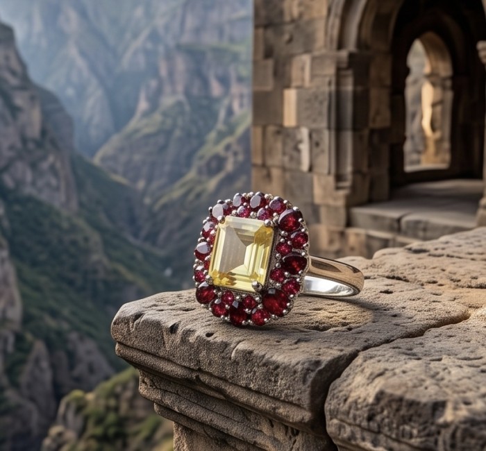 Golden Dream 9.8 carat Brazilian Citrine Garnet .925 Sterling Silver Handcrafted Ring size 8 - Close-up of Golden Dream citrine and garnet ring on stone ledge.