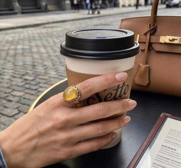 Vintage Style Authentic Golden Butterscotch Baltic Amber 18K Gold over .925 Sterling Silver entirely handcrafted ring; s. 8 1/4 - Hand wearing vintage Baltic amber ring holding coffee cup